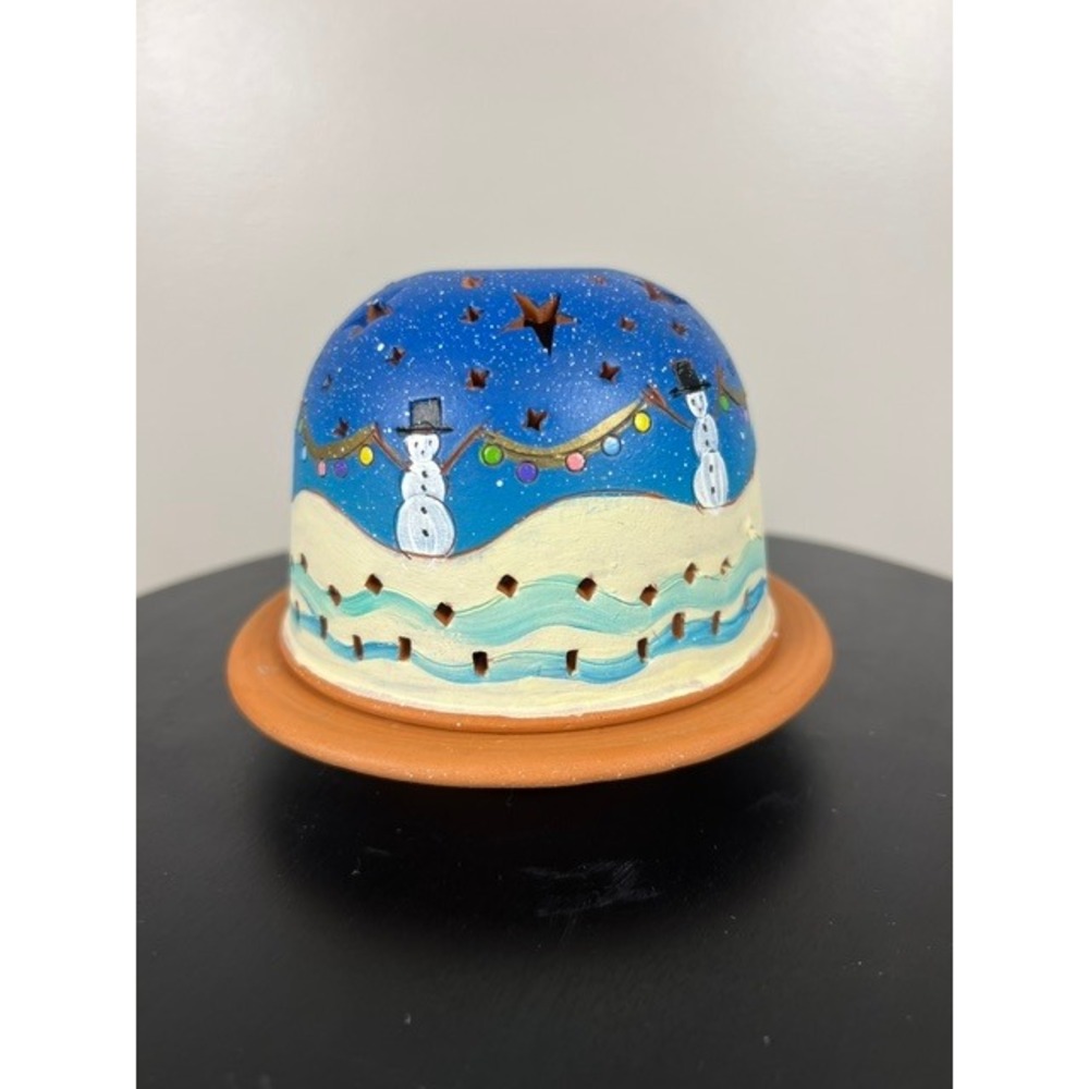 Hand Painted Terracotta Snowman Candle Dome Fairy Lamp Luminary Starry Night